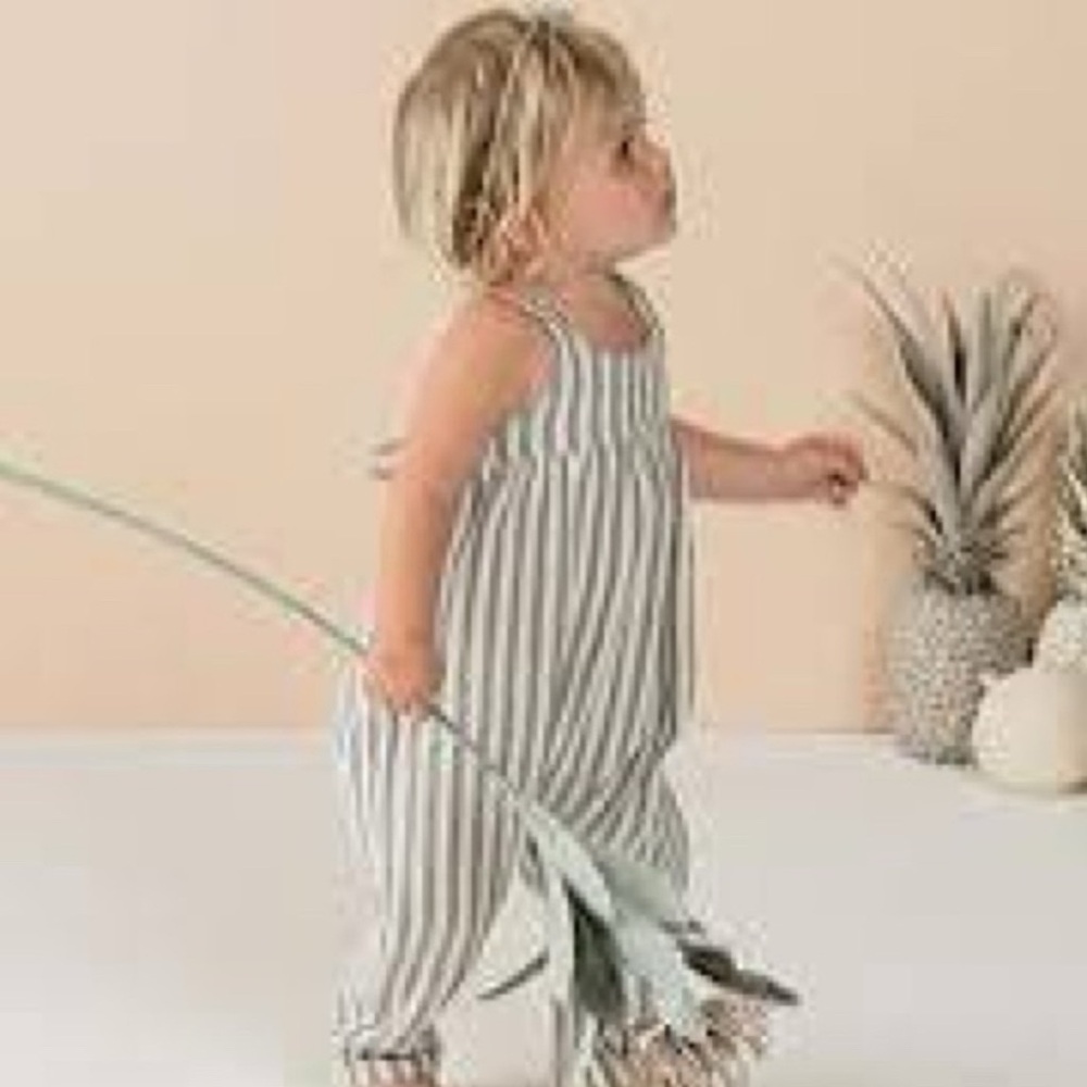Rylee + Cru Gigi Romper Storm Stripe Blue Cream Cotton 3-6 months NWT